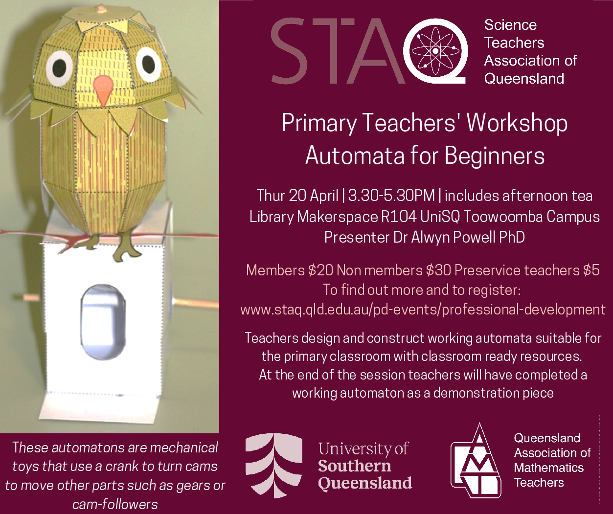 Primary and PST teachers AUTOMATA workshop (UniSQ Toowoomba Campus) – STAQ